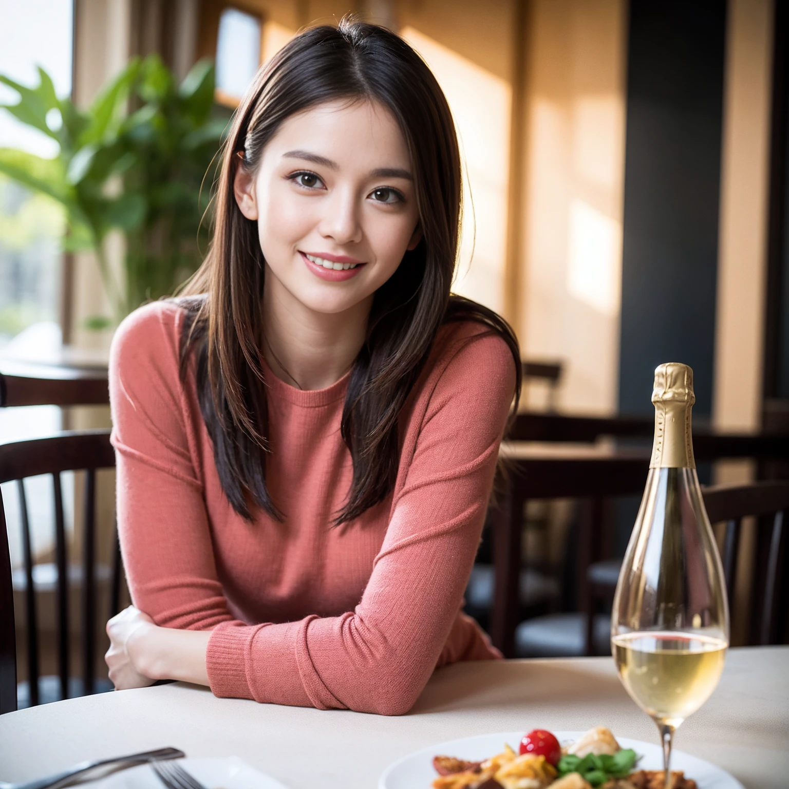 ((Highest quality、8K、masterpiece:1.3))、slimカップル、Pink Lover、modelカップル、(Realistic, Intricate details:1.2), full-course dinner、Wine Party、Amazing view of the sunset sky and clouds、A bright smile、The wonderfulness of smile、Bright image、The beauty of wine, Beautiful Face, blue eyes, The light shines on your face, Blushing, short hair,Bright Face、 (Age 37), 39 years old, red wine 、Appetizers、Italian food、Wine bottle、Champagne、sparkling wine、Two beauties、Brown Hair、Shortcuts、Long sleeve shirt、dress、Beautiful woman 1, (slimな顔), (The body is slim), (Brown Hair), (Shortcuts), cheeks turn a little red,Attractive beauty、restaurant, In a prominent place (From the waist up) Nova Frog Style, actress, model, Upper Body, White wine, slim, wine glass, 中央に置かれたwine glass, smile, (smile: 1.15), Beautiful fine grain, Depth f/2,saturation, High Contrast, Strong light and shadow,Moist Body:1.5、3D texture、Delicate eyes、Brown Hair、The hair is very shiny、