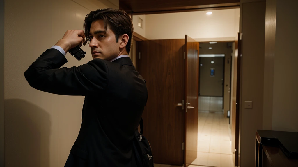 secret agent in suit in shooting position and looking back while pointing his gun in front
