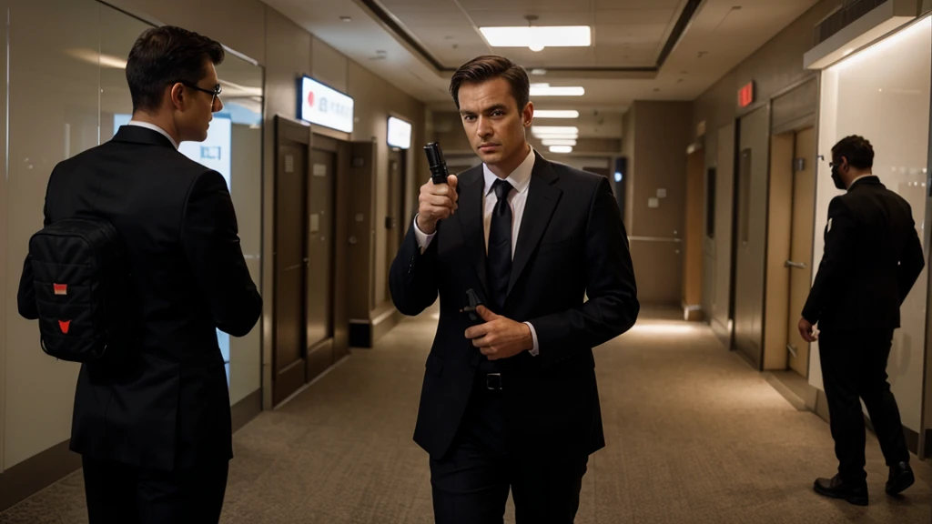 secret agent in suit in shooting position and looking back while pointing his gun in front
