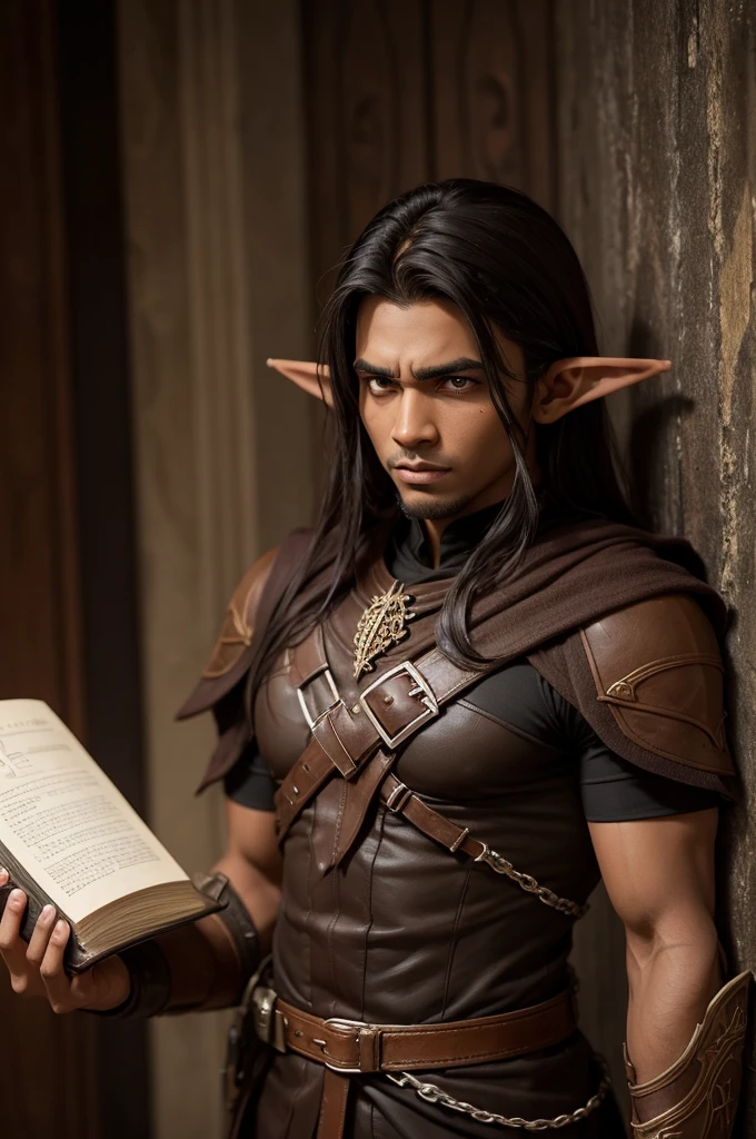 he's an elf, brown skinned,  is blind in his left eye, medium and dark hair. Has a grimoire,  age 28, 1,95 tall, It&#39;s very calm