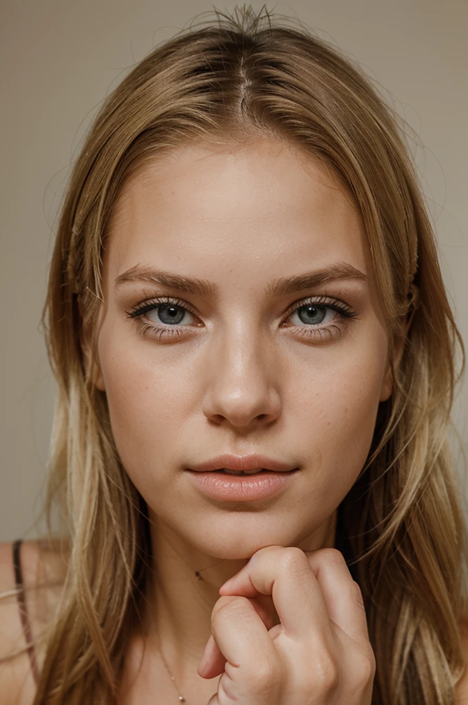 realistic photo of a young blonde woman with her finger resting on her nose