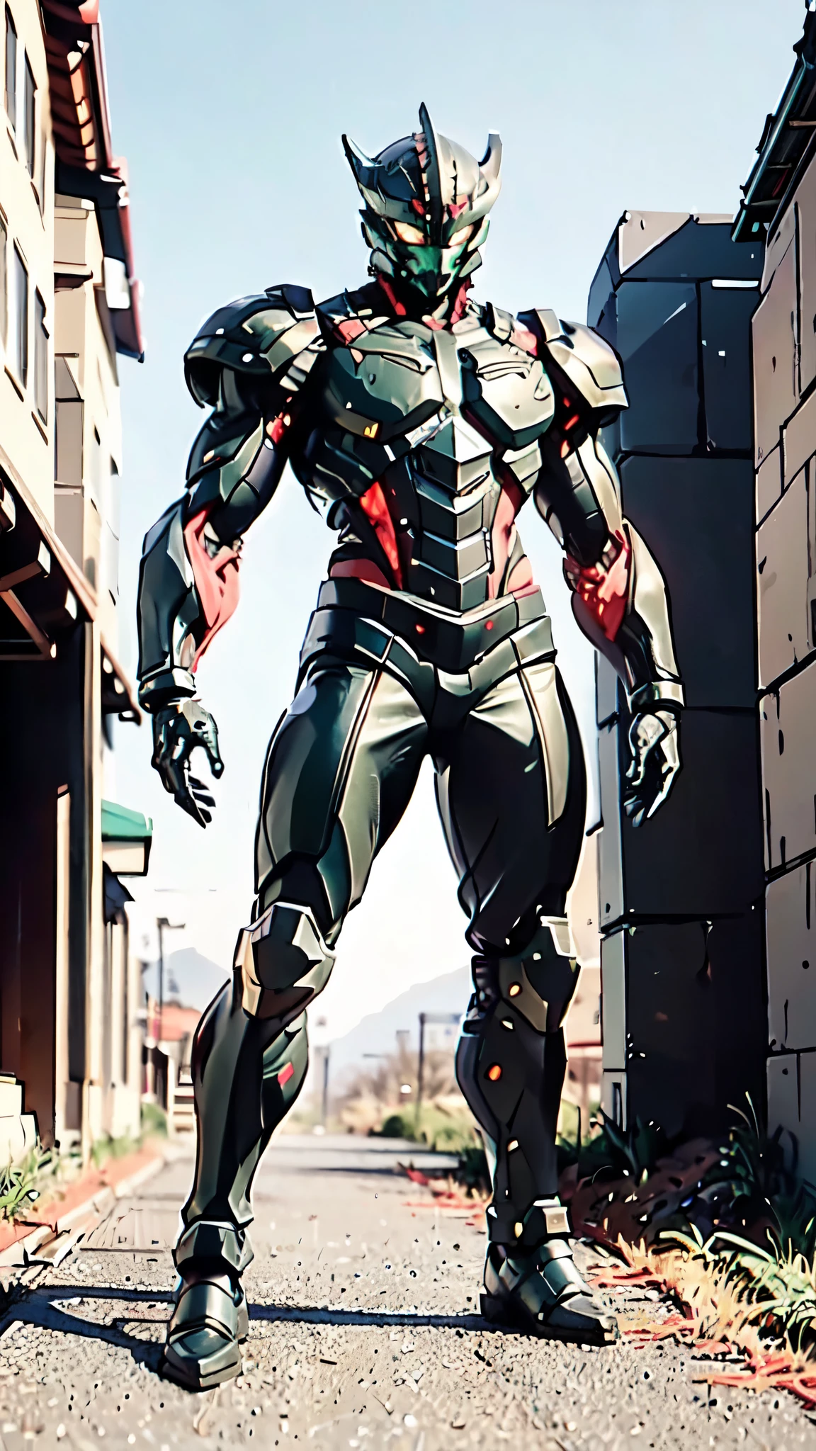 A man wearing a full-face helmet, a fantasy-style biotech armored combat suit, green eyes, (a composite layered chest armor), fully enclosed shoulder guards, matching arm and leg guards, the belt is adorned with dragon claw grasping orbs, (the color scheme is primarily black with red accents), the design balances heavy with agility, a high-tech bio-mecha armor, (Armor Concept Inspired by Dragons, stand on the top of a skyscraper in a futuristic sci-fi city), this character embodies a finely crafted fantasy-surreal style armored hero in anime style, exquisite and mature manga art style, (element, plasma, energy, the armor glows), ((male:1.5)), metallic, real texture material, dramatic, high definition, best quality, highres, ultra-detailed, ultra-fine painting, extremely delicate, professional, perfect body proportions, golden ratio, anatomically correct, symmetrical face, extremely detailed eyes and face, high quality eyes, creativity, RAW photo, UHD, 32k, Natural light, cinematic lighting, masterpiece-anatomy-perfect, masterpiece:1.5