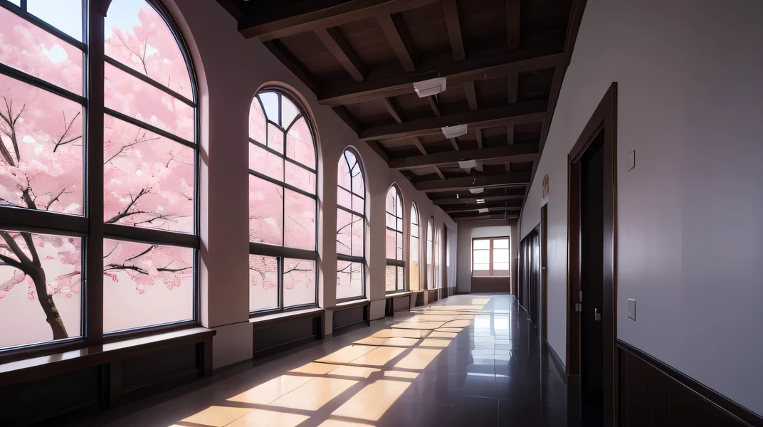 School hallway, catholic school, highlights the presence of a cherry blossom tree or petals on the ground when entering through a window.