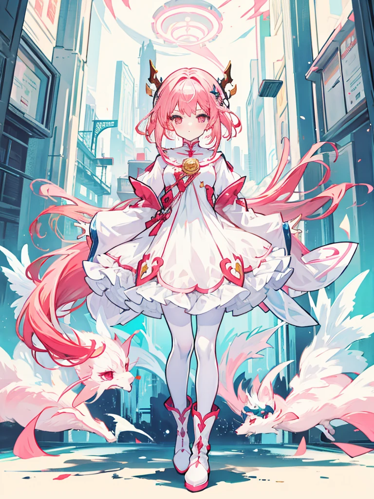 fantasy world girl with colorful hair, accessories, detailed clothes, pantyhose, white and red clothes, pink hair, boots