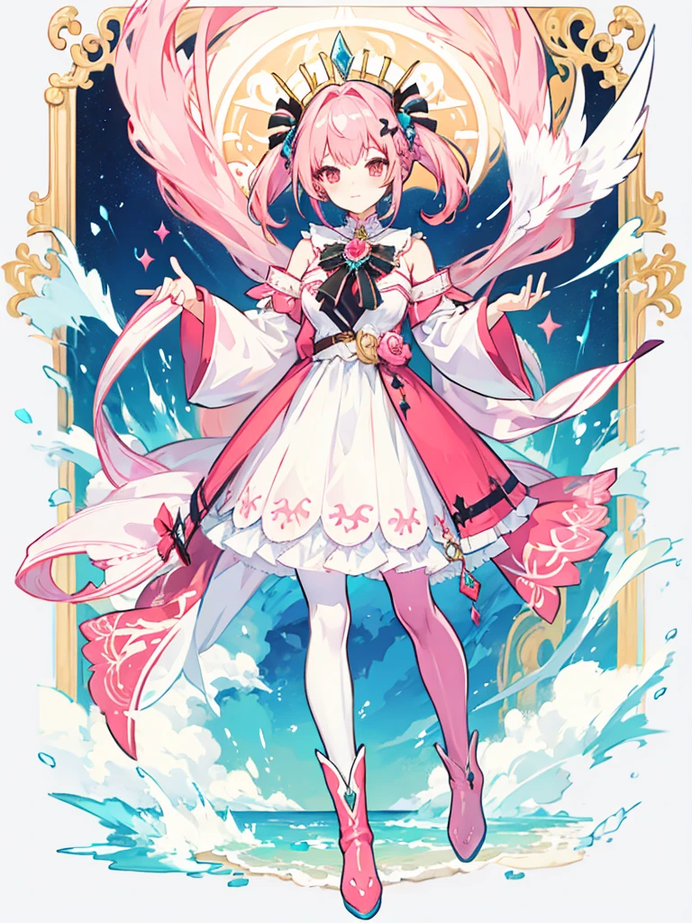 fantasy world girl with colorful hair, accessories, detailed clothes, pantyhose, white and red clothes, pink hair, boots