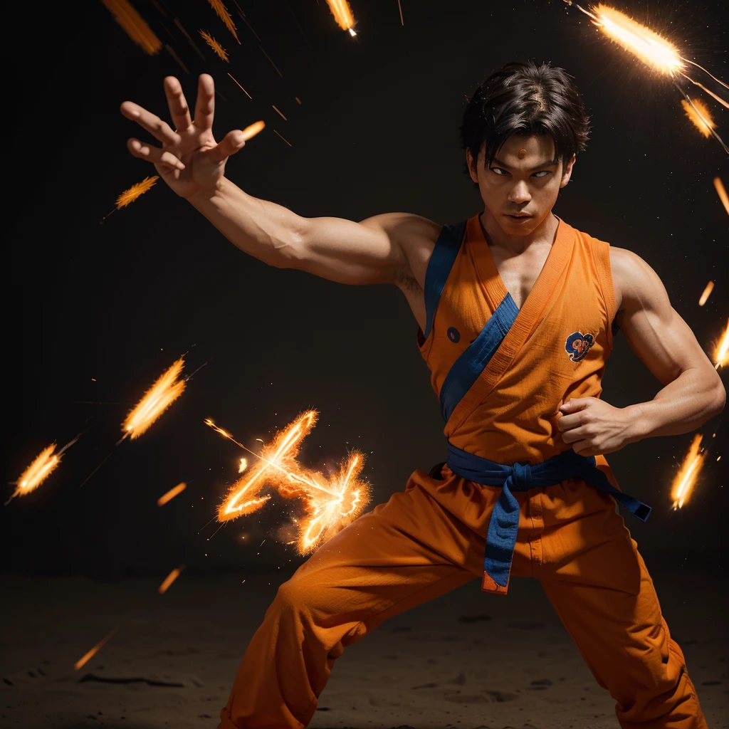 Generate an image of Goku striking a pose similar to the one in the provided image. He should be wearing his traditional orange and blue gi, with a confident expression. The pose should include the hand gestures and body posture as seen in the reference image. Add some energy effects around him to enhance the dynamic look.