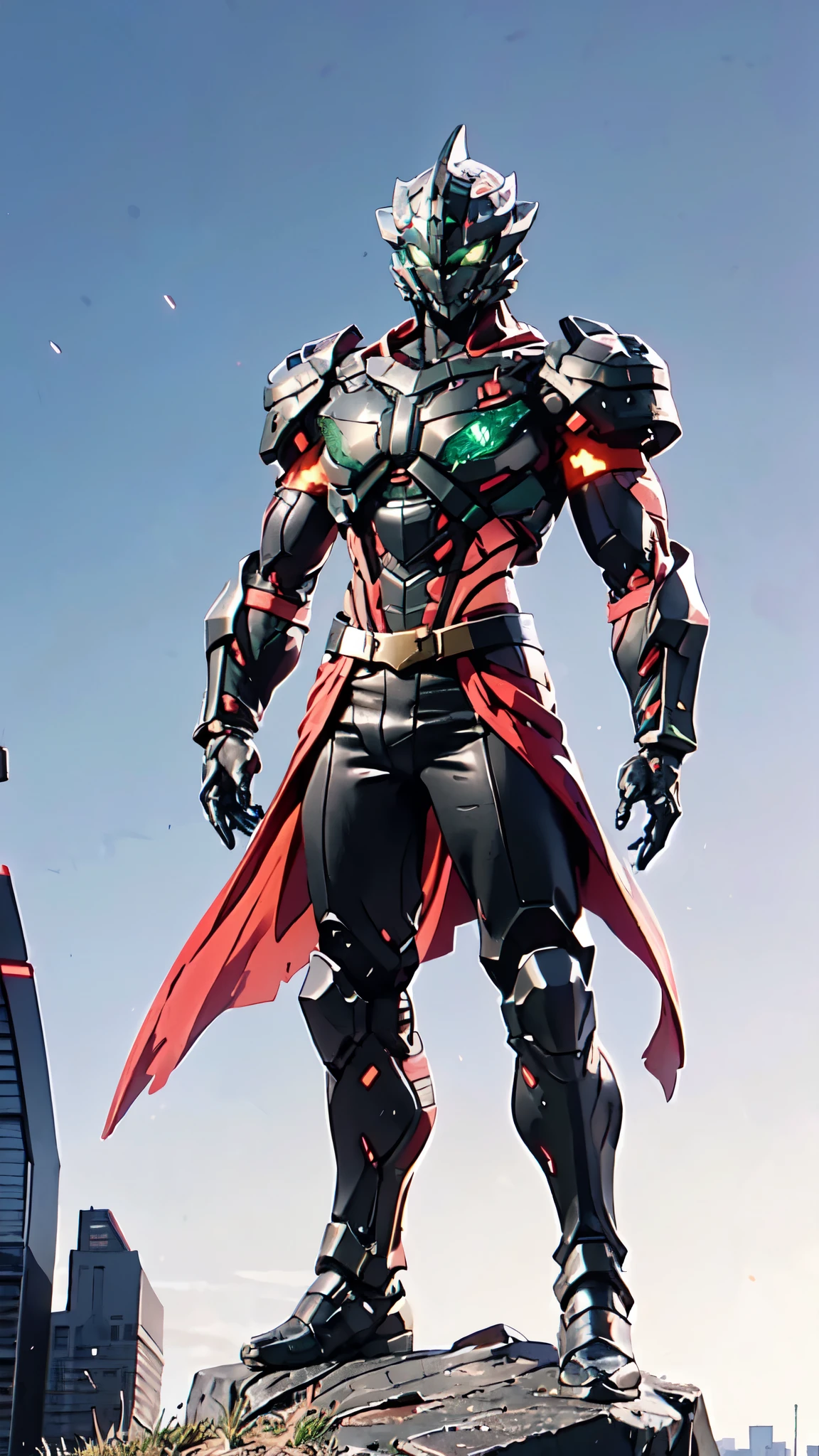 A man wearing a full-face helmet, a fantasy-style biotech armored combat suit, green eyes, (a composite layered chest armor), fully enclosed shoulder guards, matching arm and leg guards, the belt is adorned with dragon claw grasping orbs, (the color scheme is primarily black with red accents), the design balances heavy with agility, a high-tech bio-mecha armor, (Armor Concept Inspired by Dragons, stand on the top of a skyscraper in a futuristic sci-fi city), this character embodies a finely crafted fantasy-surreal style armored hero in anime style, exquisite and mature manga art style, (element, plasma, energy, the armor glows), ((male:1.5)), metallic, real texture material, dramatic, high definition, best quality, highres, ultra-detailed, ultra-fine painting, extremely delicate, professional, perfect body proportions, golden ratio, anatomically correct, symmetrical face, extremely detailed eyes and face, high quality eyes, creativity, RAW photo, UHD, 32k, Natural light, cinematic lighting, masterpiece-anatomy-perfect, masterpiece:1.5