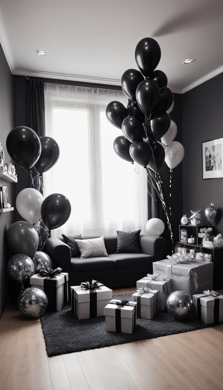 Create an image of a room decorated with birthday gifts in elegant black and lead tones., that looks real and pretty that says "Happy Birthday my love" in the background with balloons on the ceiling. Let it be a more realistic image that shows a common man&#39;s room. 