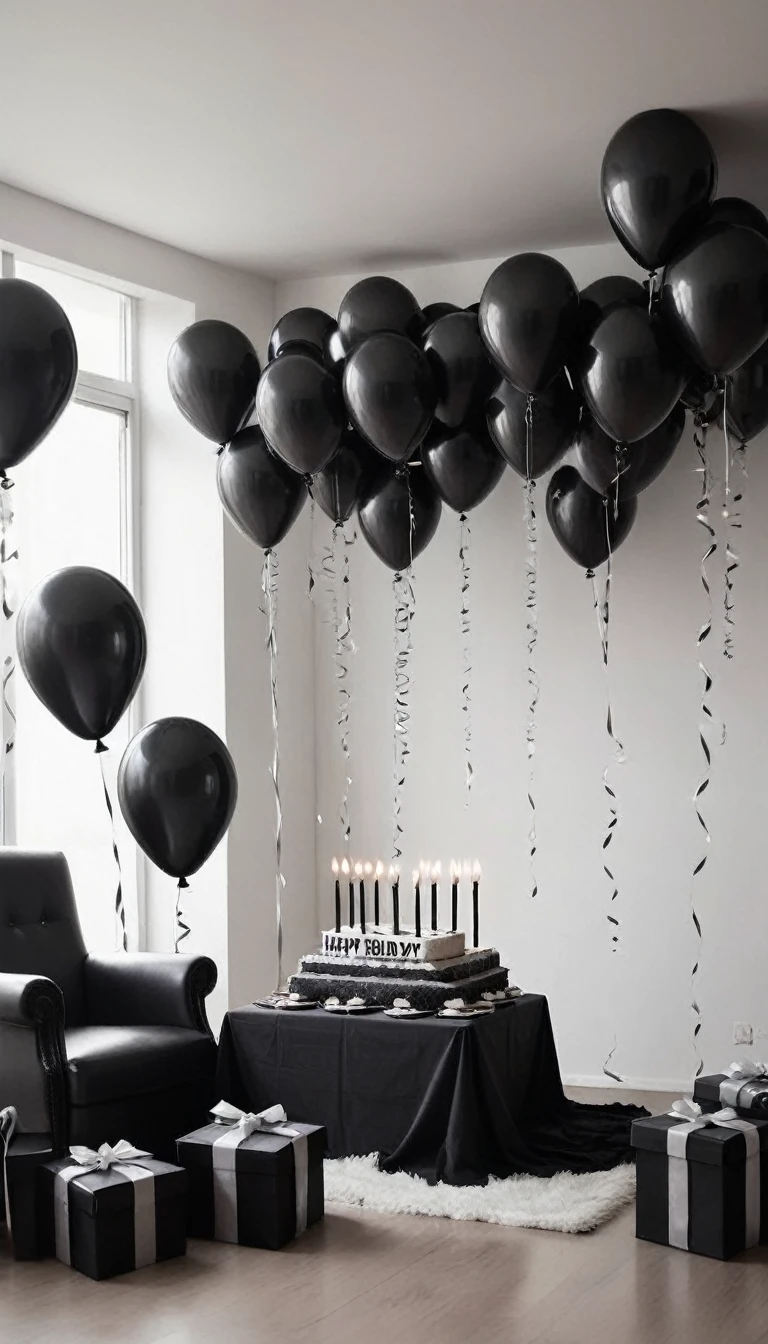 Create an image of a room decorated with birthday gifts in elegant black and lead tones., that looks real and pretty that says "Happy Birthday my love" in the background with balloons on the ceiling. Let it be a more realistic image that shows a common man&#39;s room. 