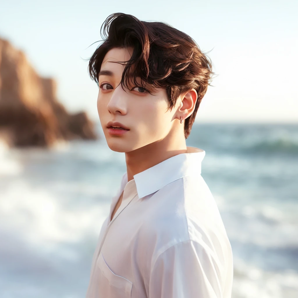 Arafed image of a man standing on a beach near the ocean., jungkook, BTS group, kpop idol portrait, realism artistic style, beautiful androgynous prince, BTS, delicate androgynous prince, inspired by jungkook jeon young pale angel