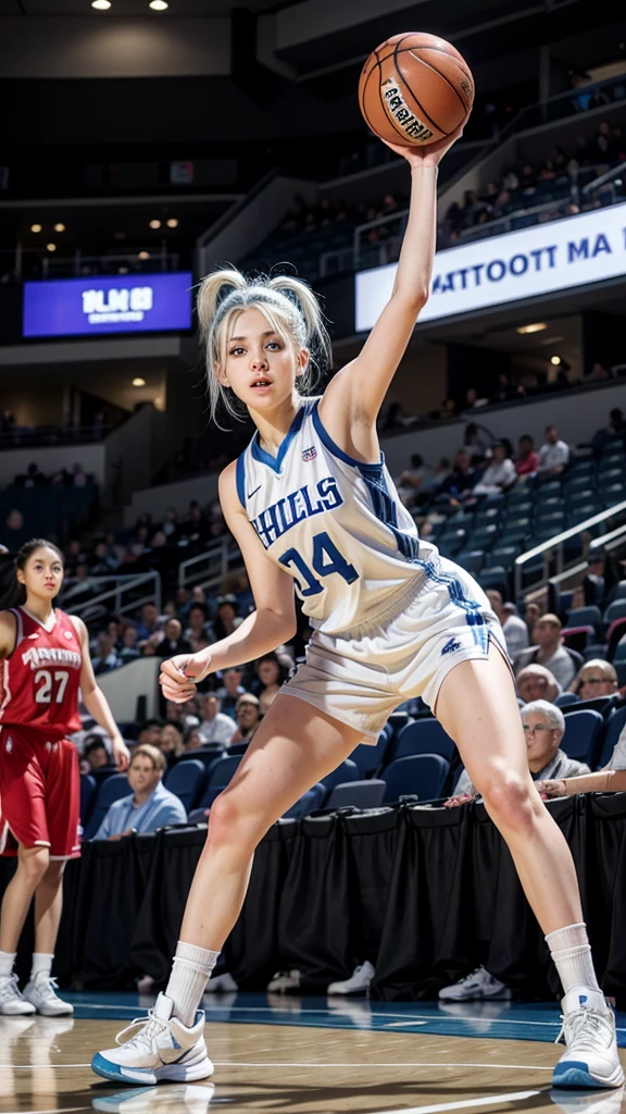 14 year old female teenager with white hair up blue eyes and white skin playing professional basketball full body 