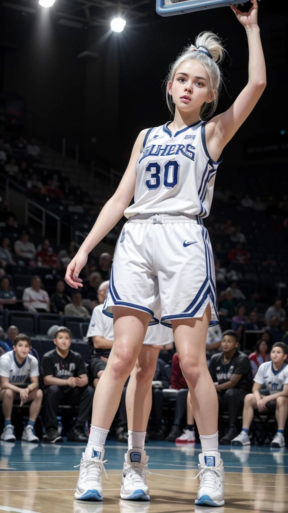 14 year old female teenager with white hair up blue eyes and white skin playing professional basketball full body