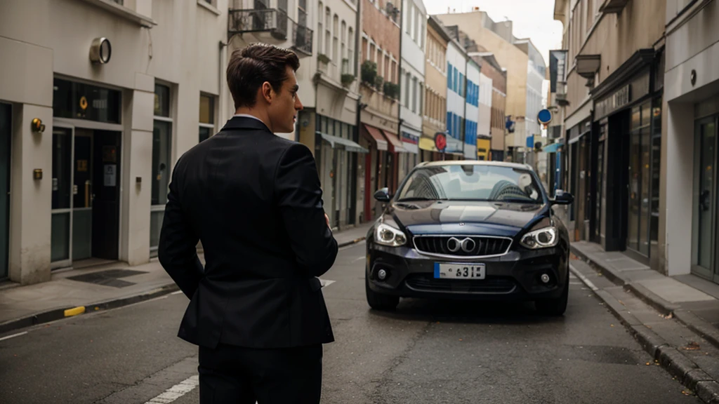 secret agent in suit in shooting position and looking back while pointing his gun in front
