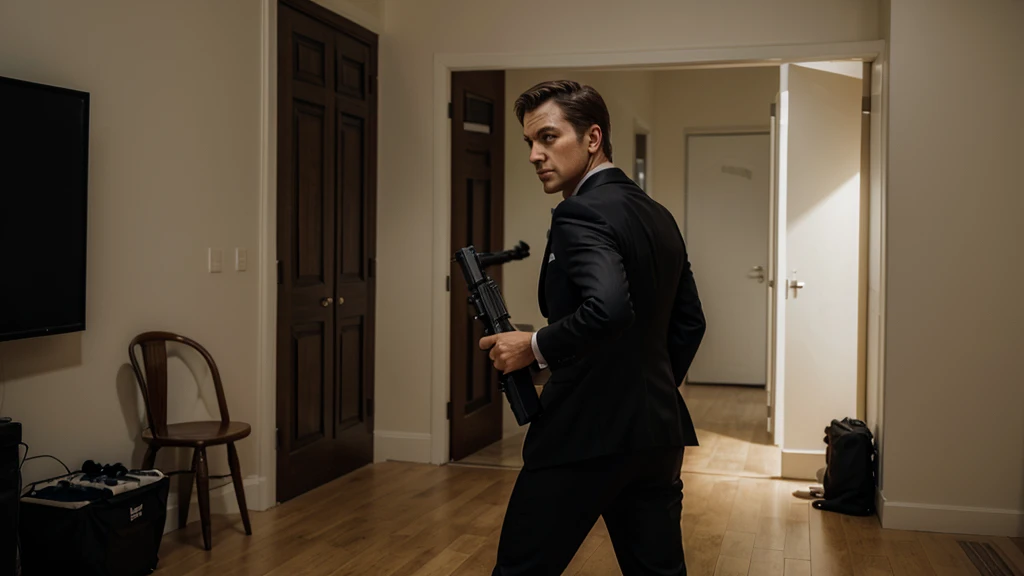 secret agent in suit in shooting position and looking back while pointing his gun in front