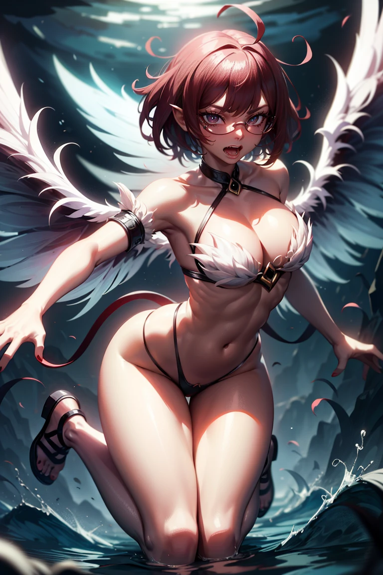 siren woman short hair tomboy, sexy with glasses, and white wings, in the open blue sky, movement pose, fully body, perfect hands