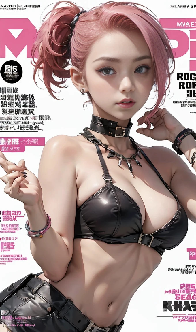best quality, works of masters, high resolution, 1 woman, What a beautiful face, really beautiful eyes, very beautiful pink mohawk hair,(magazine cover:1.2),Trendy Harajuku style rock outfit,bare one's shoulders, highlighted super huge super huge , showing cleavage,(huge breasts:1.8), (small waist:1.1),