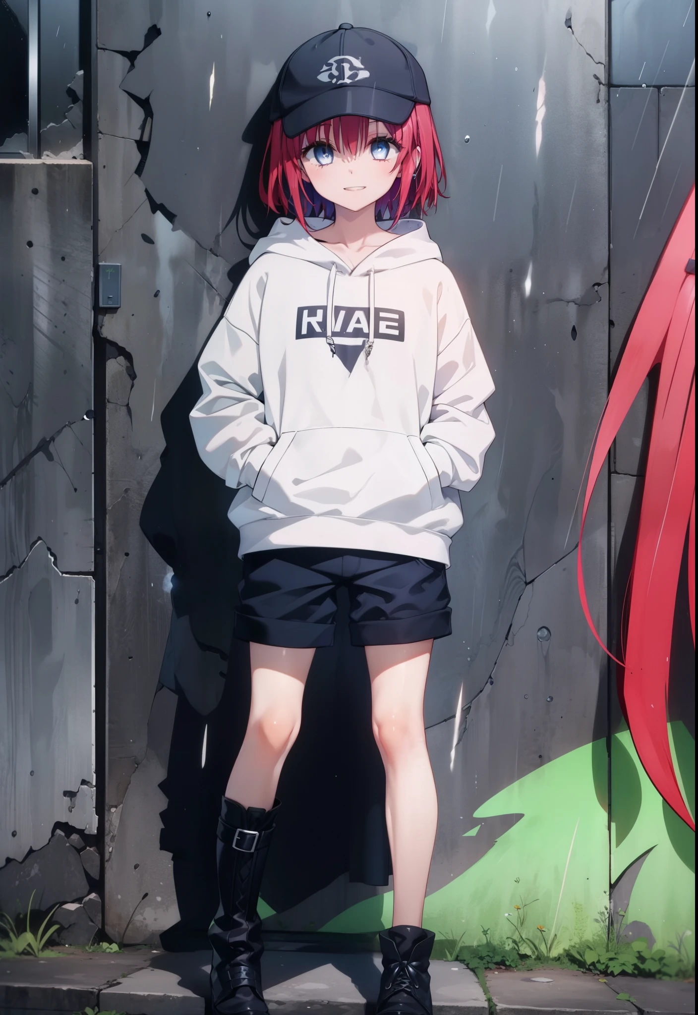 (masterpiece, Highest quality:1.2),shape,8K,High resolution,mea kurosaki,Mea Kurosaki,Redhead,Long Hair,Purple eyes,1 Girl,Baseball hats,Oversized black hoodie,Black shorts,short boots,Grin,smile,Both hands are in the pockets of the hoodie,graffiti,Standing leaning against a wall,rain,night,cloudy,whole bodyがイラストに入るように,
break looking at viewer,whole body,
break outdoors, Alley,
break (masterpiece:1.2), Highest quality, High resolution, ユニティ 8K 壁紙, (shape:0.8), (Beautiful and beautiful eyes:1.6), Highly detailed face, Perfect lighting, Highly detailed CG, (Perfect hands, Perfect Anatomy),