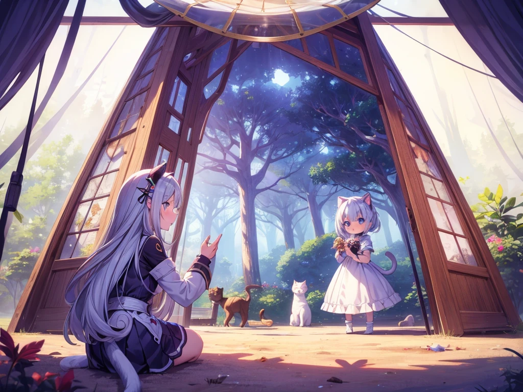 culmination masterpiece, impressive moment, unexampled superlative highres definitely organized detail, (x-ray), from fowerd, from front, close contact, perfect fullbody, perfect hands, perfect face, perfect eyes, (2rest conspicuous nifty magical chibi girls in tent with perfect cats), fantasy world, forest field, illustration, Artistic, peaceful atmosphere, morning,