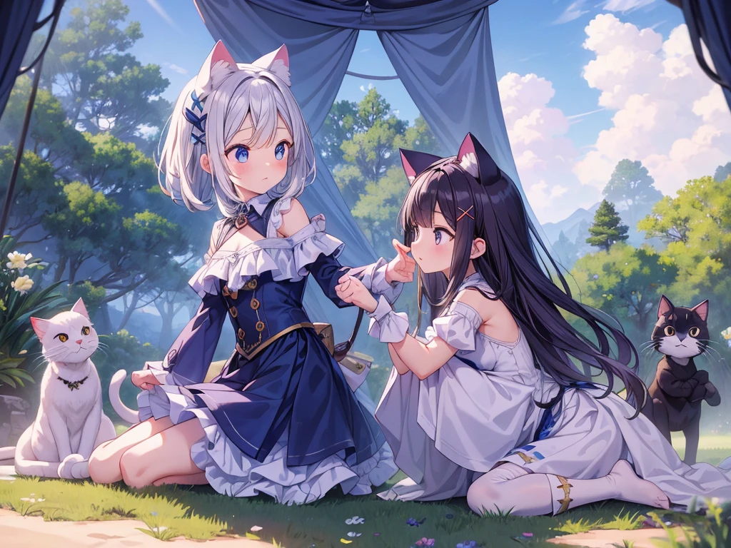 culmination masterpiece, impressive moment, unexampled superlative highres definitely organized detail, (x-ray), from fowerd, from front, close contact, perfect fullbody, perfect hands, perfect face, perfect eyes, (2rest conspicuous nifty magical chibi girls in tent with perfect cats), fantasy world, forest field, illustration, Artistic, peaceful atmosphere, morning,