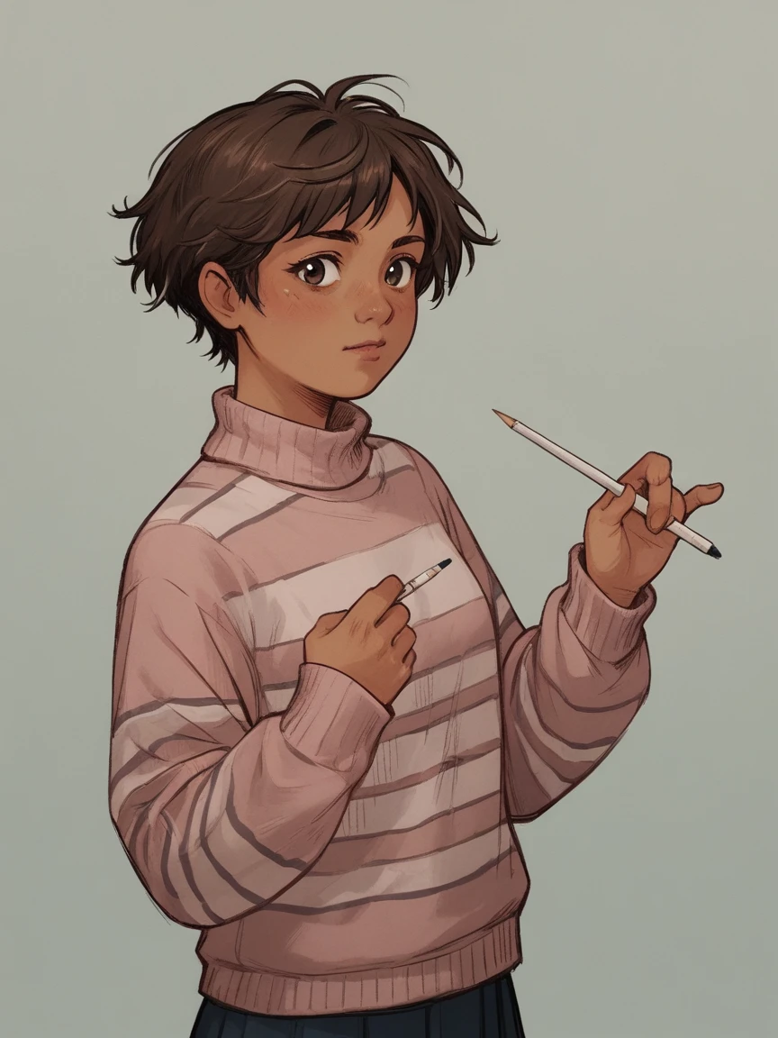 score_9, score_8_up, score_7_up, score_6_up, score_5_up, score_4_up, wh33z13, 1girl, Brown short hair, striped pink sweater, dark Brown eyes, classes