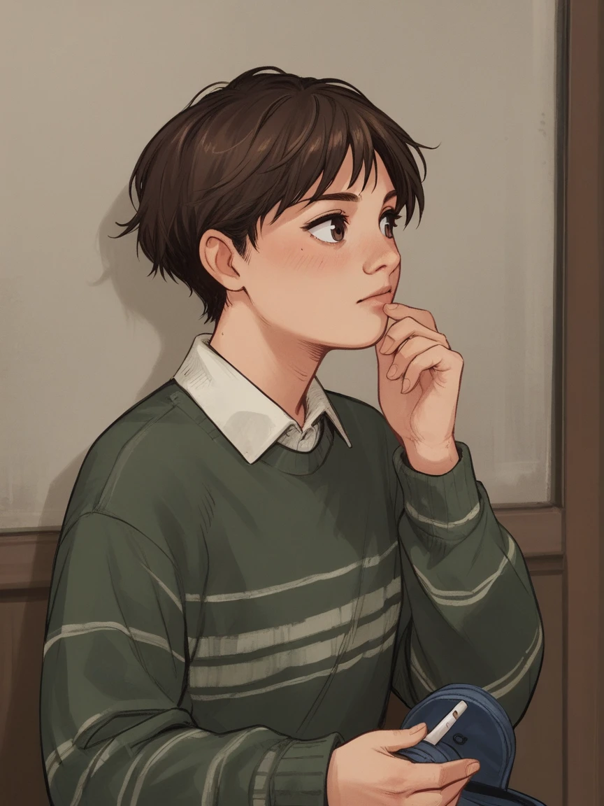score_9, score_8_up, score_7_up, score_6_up, score_5_up, score_4_up, wh33z13, 1girl, Brown short hair, striped pink sweater, dark Brown eyes, classes