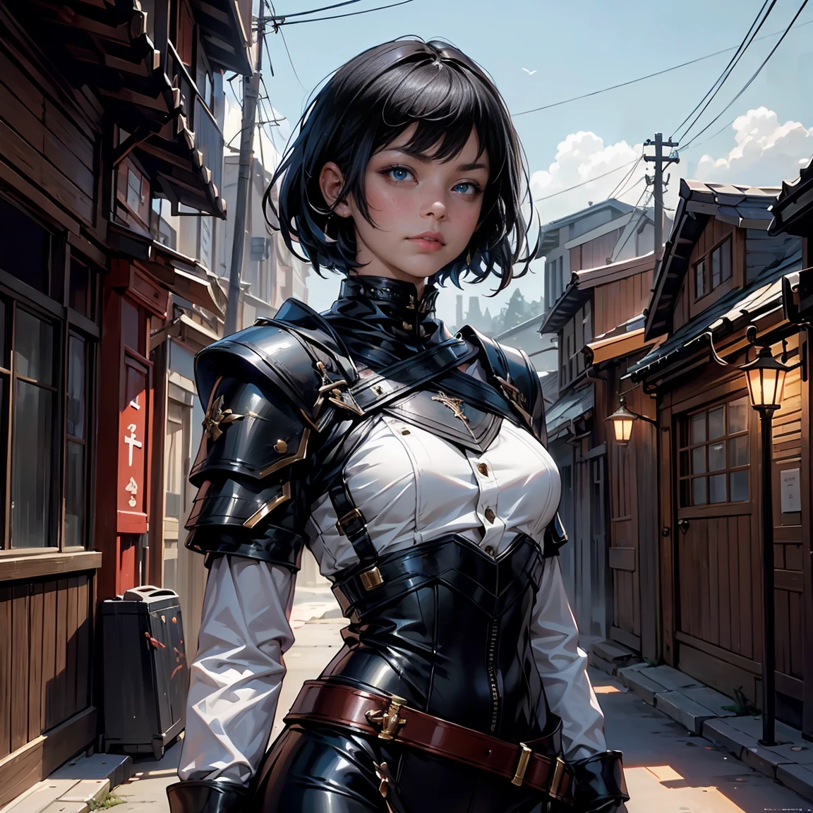 a woman, 1girl, short bob black hair, small , blue sky eyes!!!, fait skin, blank face, sexy tight black ninja outfit, bare arm, bare leg, night, medieval japanese town, very sexy body, detailed face, beautiful detailed eyes, beautiful detailed lips, extremely detailed eyes and face, long eyelashes, detailed clothing, intricate details, highly detailed, photo realistic, 8k, best quality, masterpiece, cinematic lighting, dramatic lighting, vibrant colors, fantasy, digital art, concept art