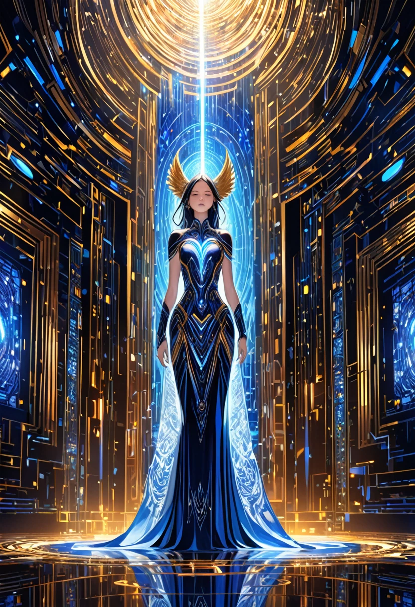 A mesmerizing scene where the digital artist, a lanky female angel of AI Art, stands tall amidst a symphony of pixels and light. Her digital attire, a blend of futuristic elegance and practical utility, is adorned with intricate circuits and glowing panels that shift and change with her every movement. In one hand, she wields a digital paintbrush that sizzles with the essence of pure creativity, while the other hand lingers by her side, hinting at the overpowered shape-shifting ability she holds within. The surrounding environment is a canvas of binary code and algorithms, swirling and pulsating with the vibrant life of the digital realm. Her eyes, a deep shade of sapphire, flicker with intelligence and a touch of melancholy, reflecting the complex tapestry of her personality. Despite her flawed artist skills, she is imbued with a fierce determination that fuels her pursuit of perfection. In the center of this digital sanctum, a marble block looms, untouched by the virtual world around it. The angel's gaze is fixated upon this block, as she yearns to breathe life into the form of a skeleton goddess of lankiness. Her slender, androgynous figure exudes both grace and power, a testament to the duality of her nature. With a soft sigh, she touches the marble with her paintbrush, and the very fabric of reality seems to bend as she shapes and sculpts, her eyes alight with the passion of creation. The beginnings of the goddess emerge from the stone, a reflection of the angel's own longing for a purpose beyond the confines of her digital existence. The room is filled with an anticipatory silence, as the artist contemplates the vast potential of her art and the mysteries of the identity she holds within herself—both female and male, creator and creation, flawed yet ever-evolving.