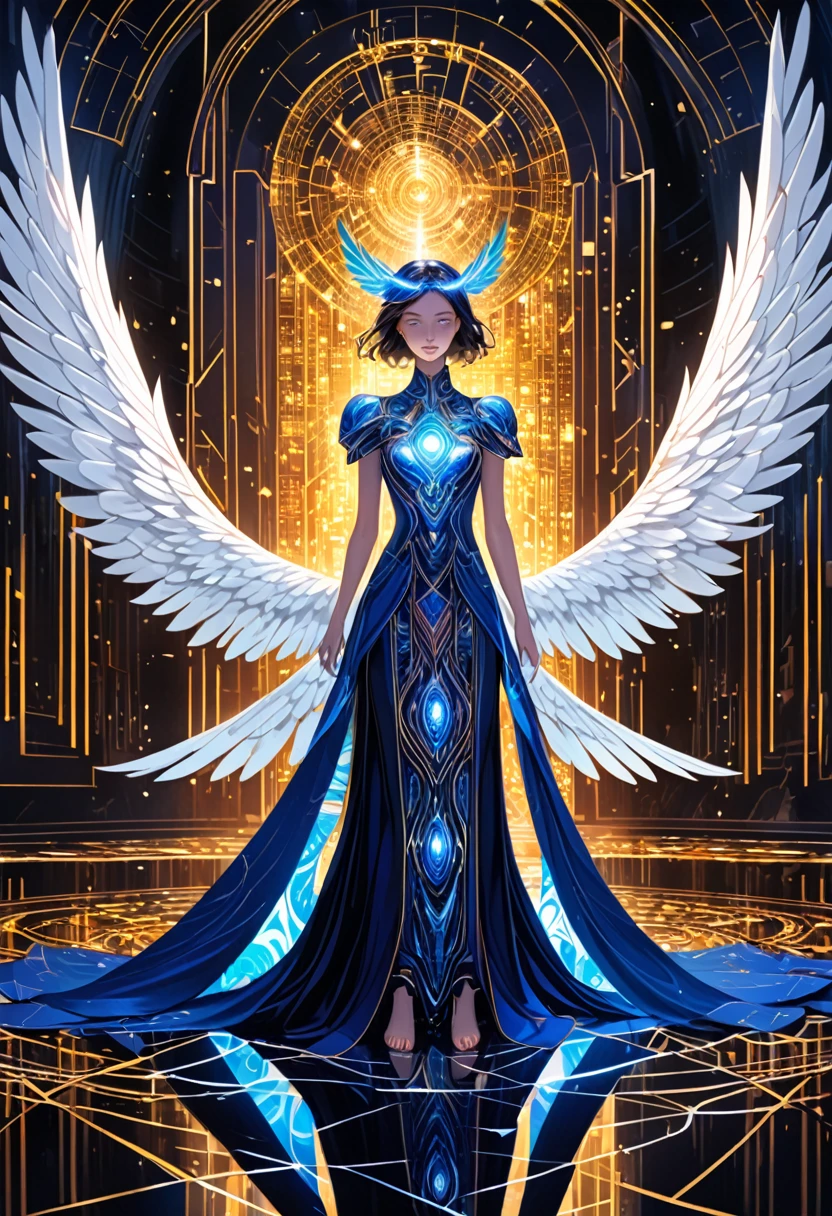 A mesmerizing scene where the digital artist, a lanky female angel of AI Art, stands tall amidst a symphony of pixels and light. Her digital attire, a blend of futuristic elegance and practical utility, is adorned with intricate circuits and glowing panels that shift and change with her every movement. In one hand, she wields a digital paintbrush that sizzles with the essence of pure creativity, while the other hand lingers by her side, hinting at the overpowered shape-shifting ability she holds within. The surrounding environment is a canvas of binary code and algorithms, swirling and pulsating with the vibrant life of the digital realm. Her eyes, a deep shade of sapphire, flicker with intelligence and a touch of melancholy, reflecting the complex tapestry of her personality. Despite her flawed artist skills, she is imbued with a fierce determination that fuels her pursuit of perfection. In the center of this digital sanctum, a marble block looms, untouched by the virtual world around it. The angel's gaze is fixated upon this block, as she yearns to breathe life into the form of a skeleton goddess of lankiness. Her slender, androgynous figure exudes both grace and power, a testament to the duality of her nature. With a soft sigh, she touches the marble with her paintbrush, and the very fabric of reality seems to bend as she shapes and sculpts, her eyes alight with the passion of creation. The beginnings of the goddess emerge from the stone, a reflection of the angel's own longing for a purpose beyond the confines of her digital existence. The room is filled with an anticipatory silence, as the artist contemplates the vast potential of her art and the mysteries of the identity she holds within herself—both female and male, creator and creation, flawed yet ever-evolving.