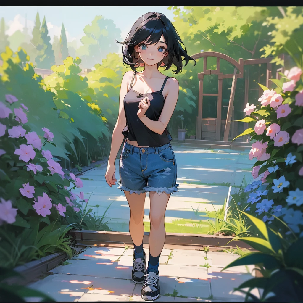 (high quality, High resolution, Very detailed, reality:1.37), Peaceful atmosphere, (Outdoor, garden), Teenage girl standing alone, (my breasts are big.), Beautiful details, Cute Smile, (Black bob hair), camisole, Denim shorts, Blue socks, sneakers.