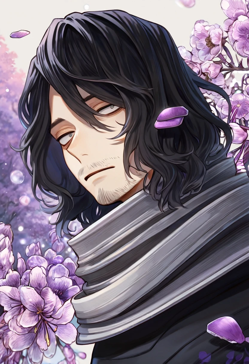 absurdres, highres, ultra detailed, HDR, master piece, best quality, Eraser Head, black hair, expressive gray eyes, medium hair, faint beard, Boku No Hero Academia, solo, sexy man, handsome, gray scarf, black hero clothes, fantasy, purple moon, purple flowers, purple blossoms, purple petals, fireflies