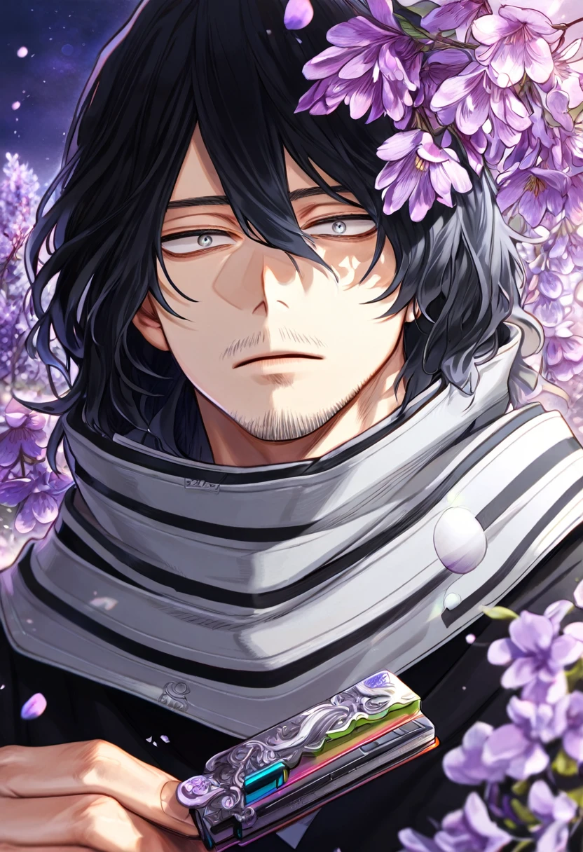 absurdres, highres, ultra detailed, HDR, master piece, best quality, Eraser Head, black hair, expressive gray eyes, medium hair, faint beard, Boku No Hero Academia, solo, sexy man, handsome, gray scarf, black hero clothes, fantasy, purple moon, purple flowers, purple blossoms, purple petals, fireflies