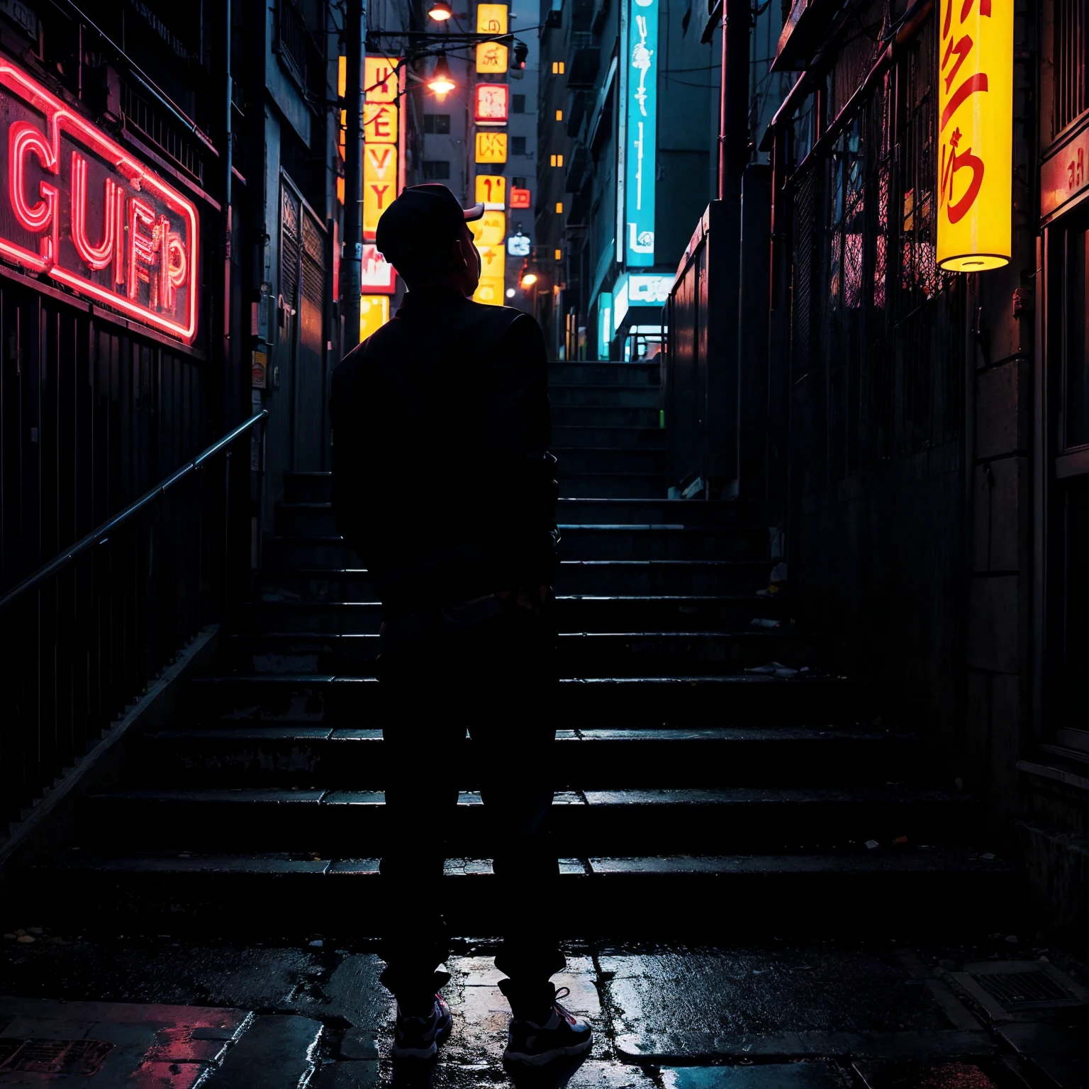 city street, night, neon light, stairs, (hip hop album cover art), (cover art), (asian rapper silhouette from back, from behind), 