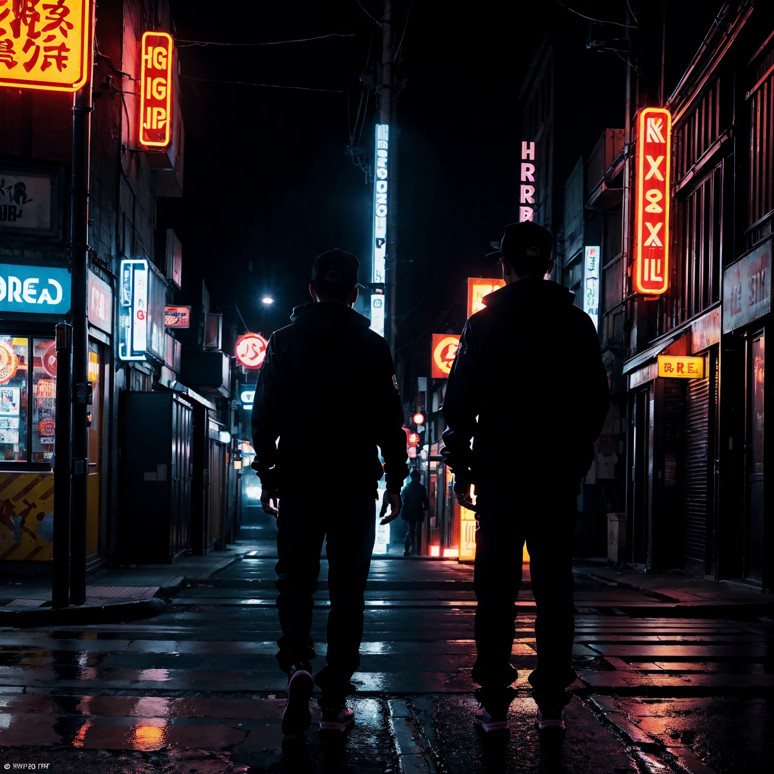 city street, night, neon light, stairs, (hip hop album cover art), (cover art), (asian rapper silhouette from back, from behind), 