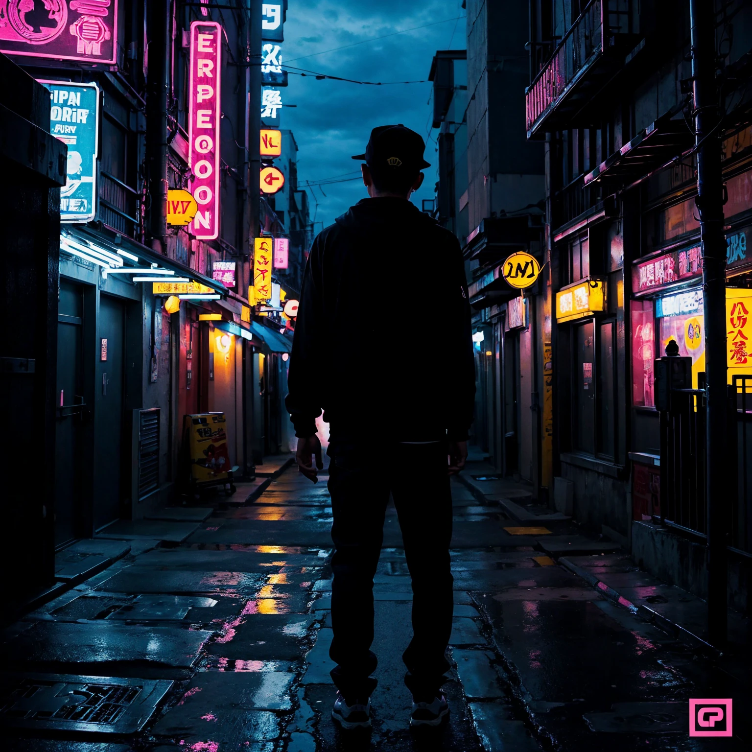 city street, night, neon light, stairs, (hip hop album cover art), (cover art), (asian rapper silhouette from back, from behind), 