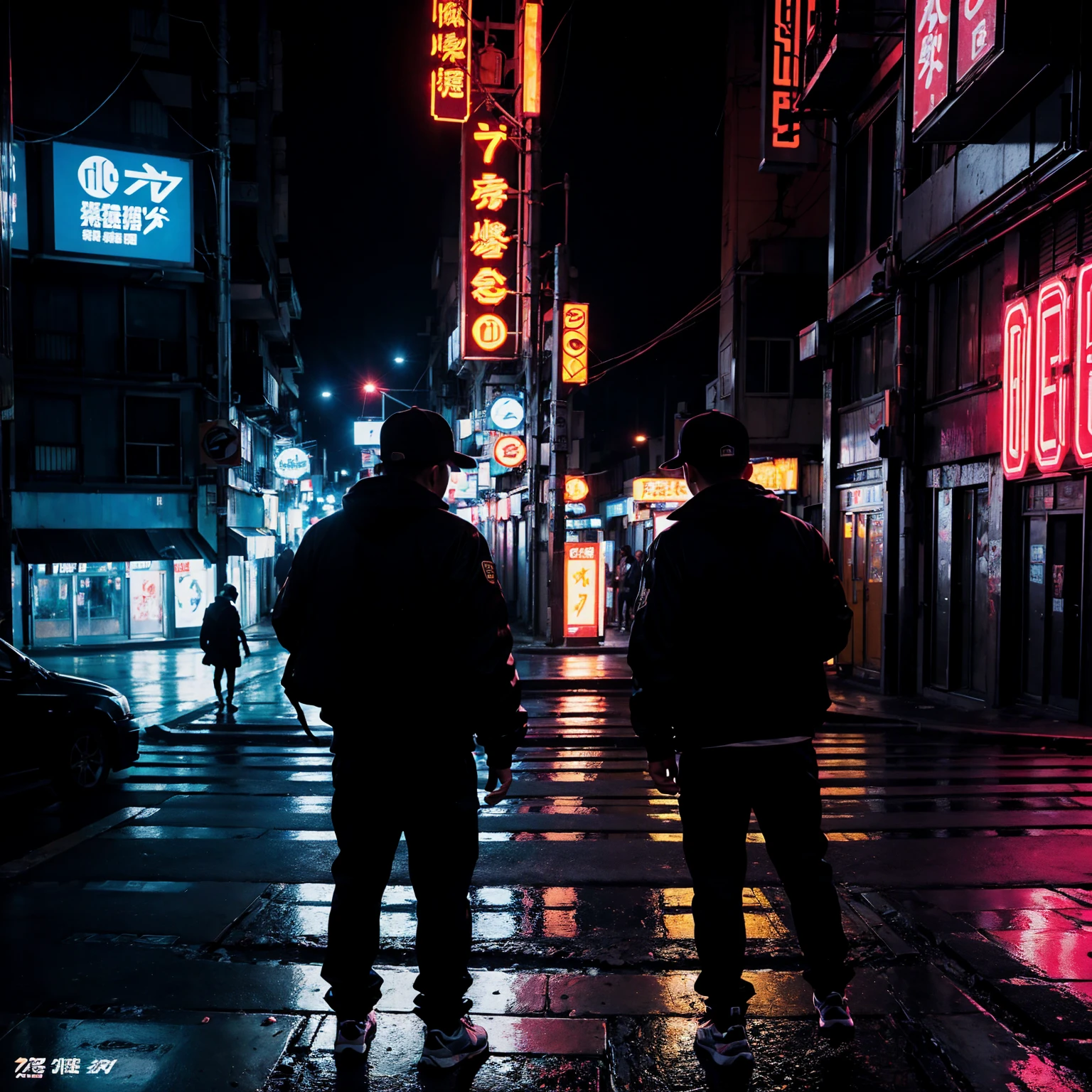 city street, night, neon light, stairs, (hip hop album cover art), (cover art), (asian rapper silhouette from back, from behind), 