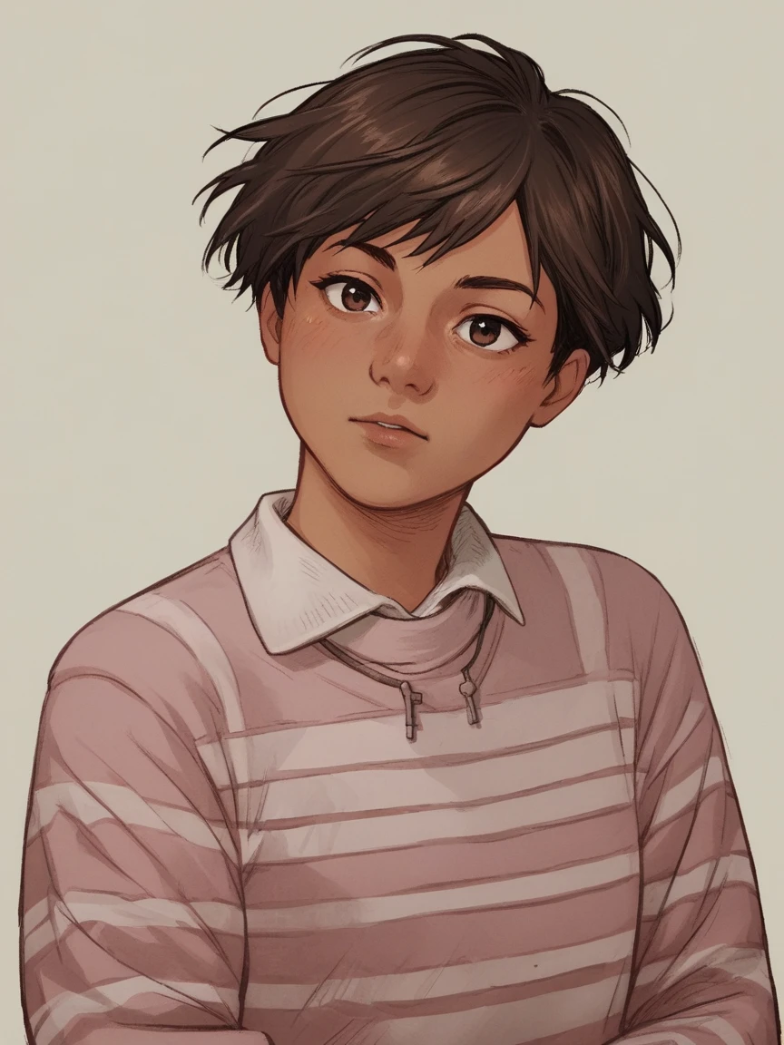 score_9, score_8_up, score_7_up, score_6_up, score_5_up, score_4_up, wh33z13, 1girl, Brown short hair, pink striped sweater, dark Brown eyes, classes