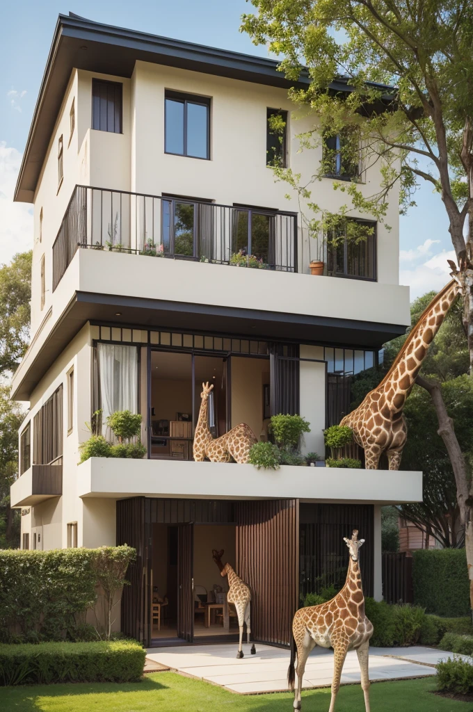 Two-story house with a big garden and a giraffe in the window with a woman 