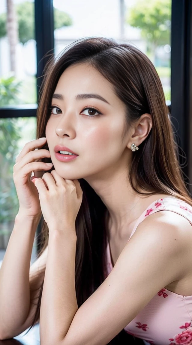Dark brown hair、Light brown eyes、Japanese actress、 Lady、I am about 40 years old..、(Intricate details:1.2)、(Which one is on top??:1.4)、 (Ultra-high resolution:1.2)、Ultra-high resolution、(Finely tuned)、(Detailed facial features)、Hmph、8K resolution、D cup size breasts、Long Hair、Blocks sunlight and shade、A balcony with a resort feel、Pink flowers are decorated in the background、Pink flowers blooming in a resort area、Decorate your ears with deep pink flowers、white wall、white floor、Full body photo、Head to toe shot、Beautiful legs、white One piece with a wide open back、Blackpink Jenny 私 took this photo with the image of、Beautiful legs、she, Fashion Hub, Extreme Detail, Very detailed, Realistic, Hourglass-shaped body, Obscene pose、Lift your chin a little、Please open your mouth a little、Poses that make you feel weak、Are crying、Deep sorrow、Looking into the camera、