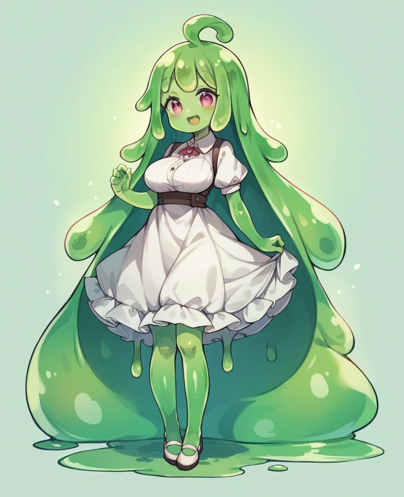 cute,(green slime girl),loli,full body,dress,large breasts