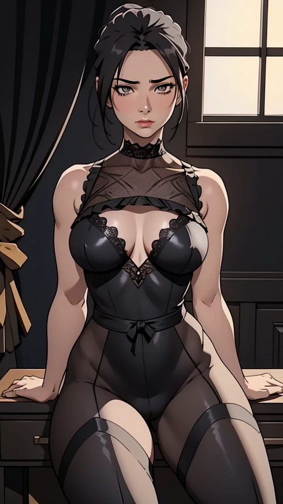 Exquisite facial features,Mature girl,The upper body is dressed in black lace,The lower body is not worn,The lower body plan is clearly visible,To reveal details,Squat on your desk,Open your legs,The figure is bumpy,with a thin waist,f cup,Chest,Clear picture,High quality skin,Ultra-realistic,Full body 4K