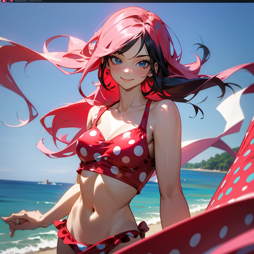 1 MATURE WOMAN, long pink hair, blue colored eyes,((wearing a red bikini with polka dots)),((big boobies)),1 age boy, Bblack hair, gray eyes,(wearing a red swimsuit)),both smiling holding hands,beachfront