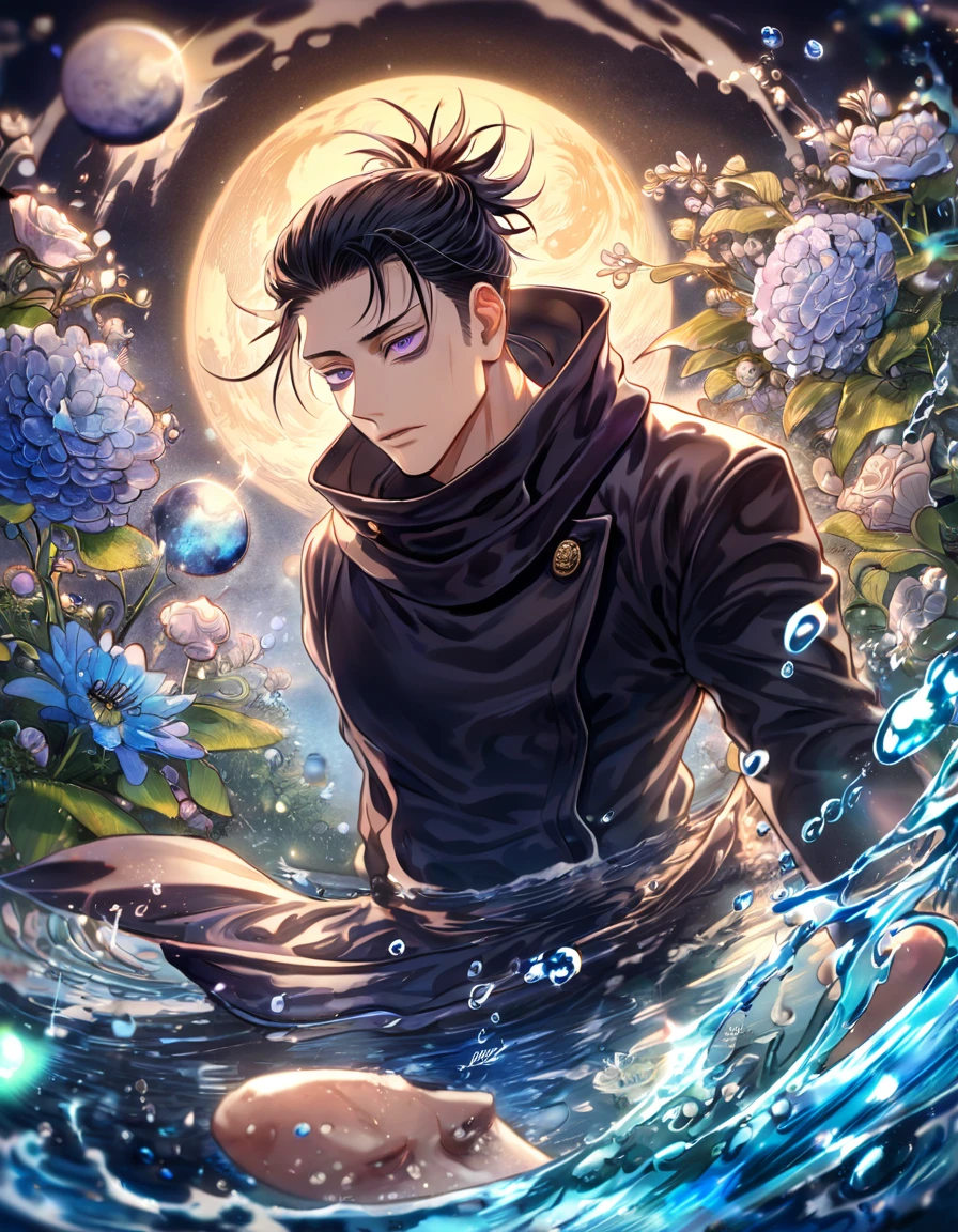 absurdres, highres, ultra detailed, HDR, master piece, Choso, black hair, expressive purple eyes, black scarf, black shirt, Jujutsu Kaisen, man, handsome, best quality, blue moon, flowers, fantasy, magical, solo, water, blue shining fireflies, blue petals, Jujutsu Kaisen uniform,