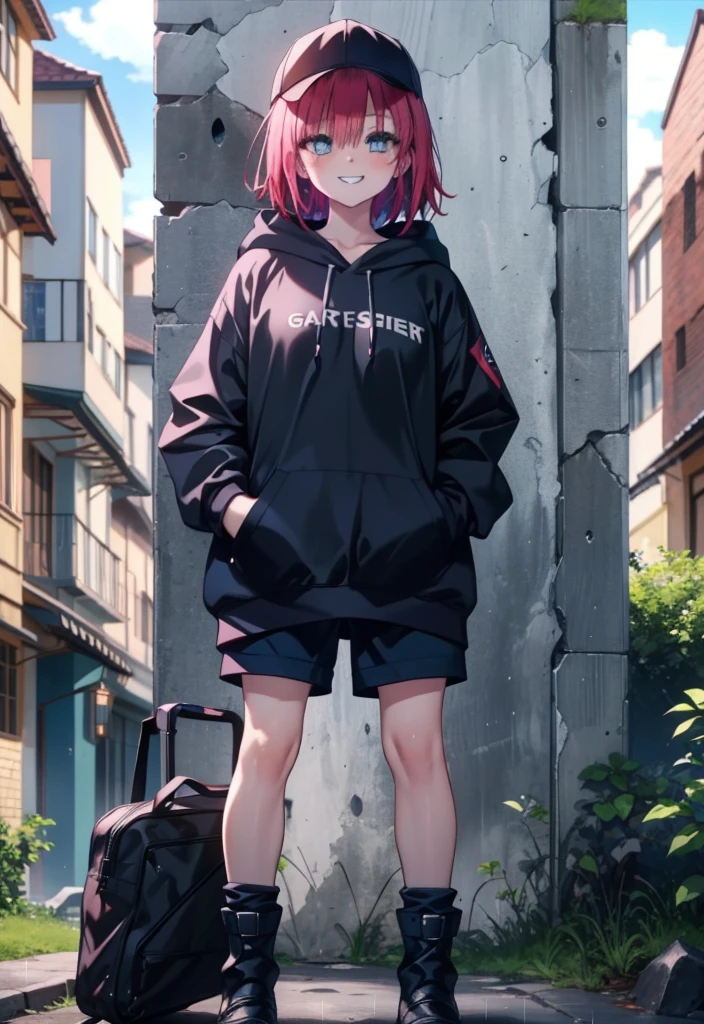 (masterpiece, Highest quality:1.2),shape,8K,High resolution,mea kurosaki,Mea Kurosaki,Redhead,Long Hair,Purple eyes,1 Girl,Baseball hats,Oversized black hoodie,Black shorts,short boots,Grin,smile,Both hands are in the pockets of the hoodie,graffiti,Hiding in a roofed building,Standing leaning against a wall,rain,night,cloudy,whole bodyがイラストに入るように,
break looking at viewer,whole body,
break outdoors, Alley,
break (masterpiece:1.2), Highest quality, High resolution, ユニティ 8K 壁紙, (shape:0.8), (Beautiful and beautiful eyes:1.6), Highly detailed face, Perfect lighting, Highly detailed CG, (Perfect hands, Perfect Anatomy),