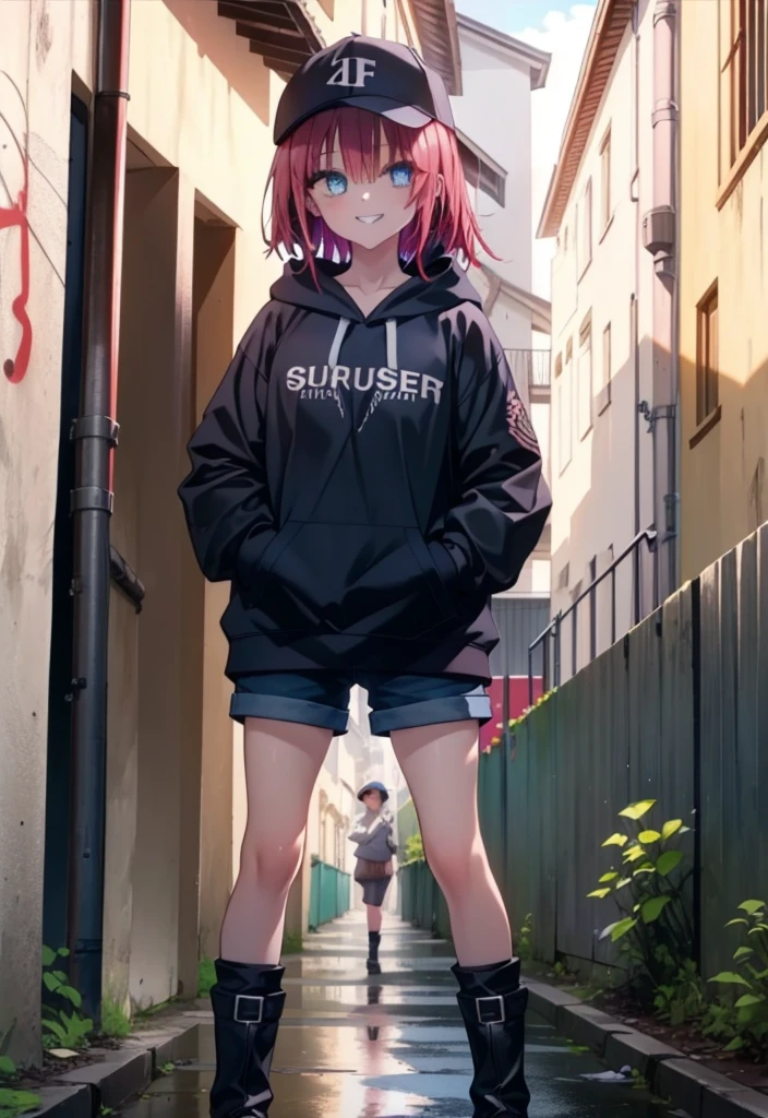 (masterpiece, Highest quality:1.2),shape,8K,High resolution,mea kurosaki,Mea Kurosaki,Redhead,Long Hair,Purple eyes,1 Girl,Baseball hats,Oversized black hoodie,Black shorts,short boots,Grin,smile,Both hands are in the pockets of the hoodie,graffiti,Hiding in a roofed building,Standing leaning against a wall,rain,night,cloudy,whole bodyがイラストに入るように,
break looking at viewer,whole body,
break outdoors, Alley,
break (masterpiece:1.2), Highest quality, High resolution, ユニティ 8K 壁紙, (shape:0.8), (Beautiful and beautiful eyes:1.6), Highly detailed face, Perfect lighting, Highly detailed CG, (Perfect hands, Perfect Anatomy),