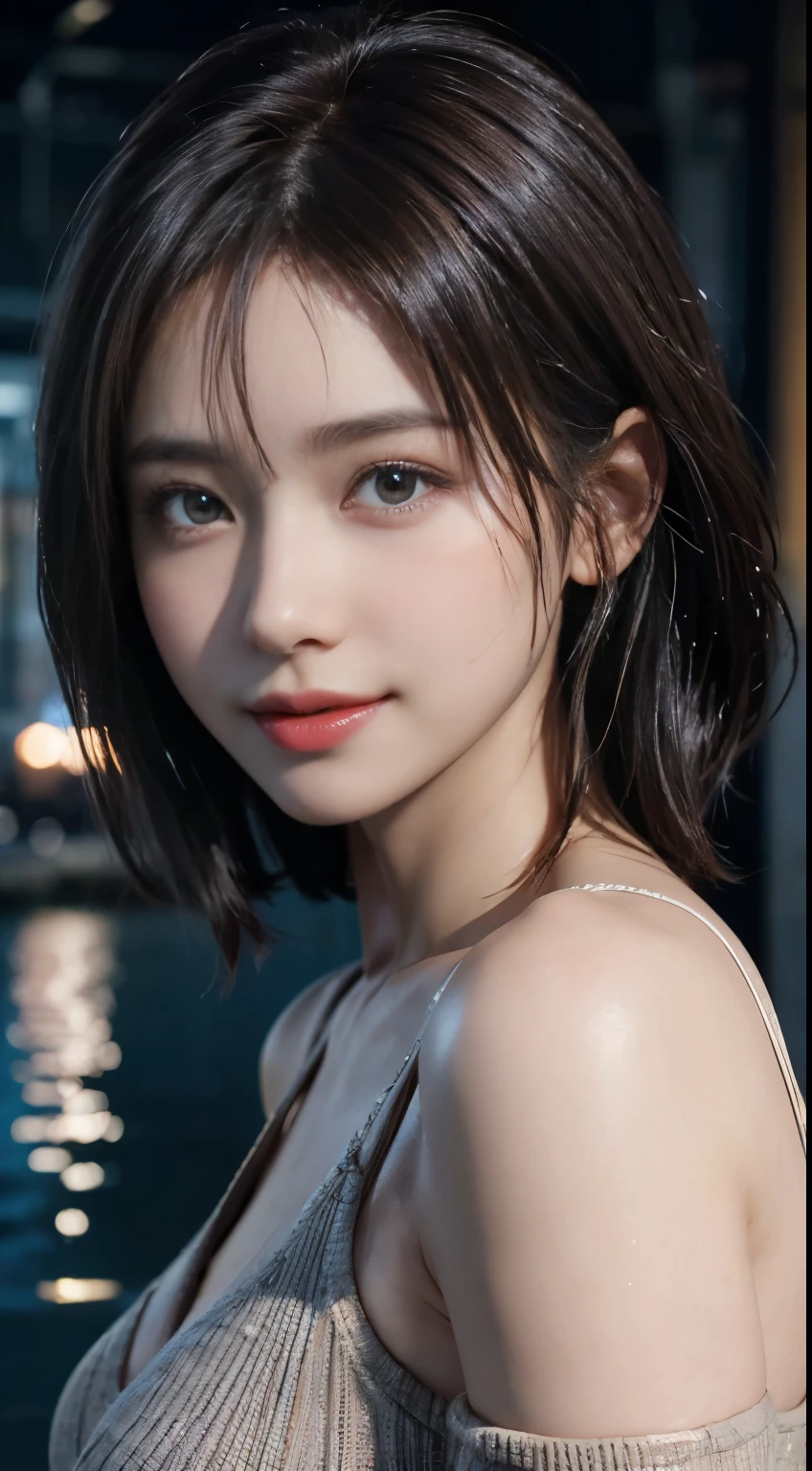 (logo, masterpiece, 8K, Tabletop, RAW Photos, wonderful, 最high quality, Photorealistic and very detailed CG composite 8k wallpaper, high quality, Very detailed, Narrative poem, Particle Effects, Dynamic Effects, Depth of the Boundary, Cinematic Light, Lens flare, Ray Tracing), short hair beautiful young woman, Hair tied back, high detail skin, very fine, fine skin texture, beautiful face, realistic eyes, beautifully detailed eyes, realistic skin, beautiful skin, surreal, smiling eyes, Hair and light eyes, Vibrant, Colorful lights and bokeh. The lighting casts a warm glow on her face and hair, Blue glow, Water surface reflection, Creates a dreamy and magical atmosphere, Big Breasts, Brown Hair, short hair, plump lower lip, pink blush on the cheeks , pink lips, brown tight no-shoulder knit sweater