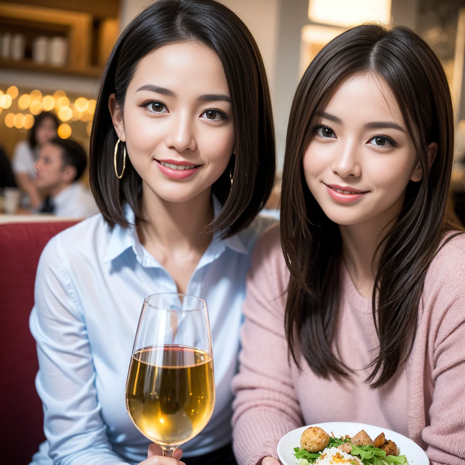 ((Highest quality、8K、masterpiece:1.3))、Yuuko Araki、slimカップル、Pink rubber、modelカップル、(Realistic, Intricate details:1.2), full-course dinner、Wine Party、Amazing view of the sunset sky and clouds、A bright smile、The wonderfulness of smile、Bright image、The beauty of wine, Beautiful Face, blue eyes, The light shines on your face, Blushing, short hair,Bright Face、 (Age 37), 39 years old, red wine 、Appetizers、Italian food、Wine bottle、Champagne、sparkling wine、Two beauties、Brown Hair、Shortcuts、Long sleeve shirt、dress、Beautiful woman 1, (slimな顔), (The body is slim), (Brown Hair), (Shortcuts), cheeks turn a little red,Attractive beauty、restaurant, In a prominent place (From the waist up) Nova Frog Style, actress, model, Upper Body, White wine, slim, wine glass, 中央に置かれたwine glass, smile, (smile: 1.15), Beautiful fine grain, Depth f/2,saturation, High Contrast, Strong light and shadow,Moist Body:1.5、3D texture、Delicate eyes、Brown Hair、The hair is very shiny、