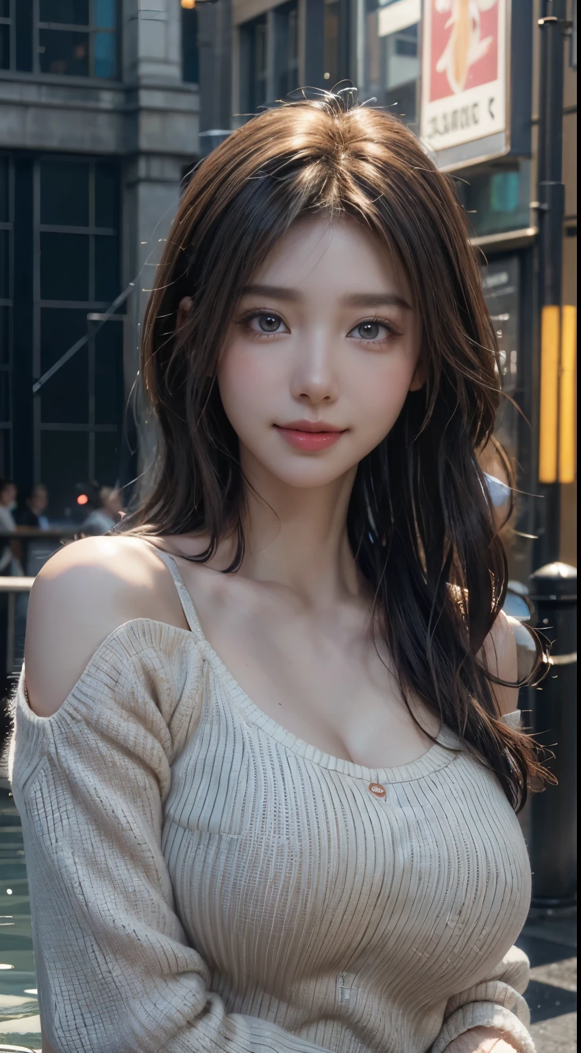 (logo, masterpiece, 8K, Tabletop, RAW Photos, wonderful, 最high quality, Photorealistic and very detailed CG composite 8k wallpaper, high quality, Very detailed, Narrative poem, Particle Effects, Dynamic Effects, Depth of the Boundary, Cinematic Light, Lens flare, Ray Tracing), short hair beautiful young woman, Hair tied back, high detail skin, very fine, fine skin texture, beautiful face, realistic eyes, beautifully detailed eyes, realistic skin, beautiful skin, surreal, smiling eyes, Hair and light eyes, Vibrant, Colorful lights and bokeh. The lighting casts a warm glow on her face and hair, Blue glow, Water surface reflection, Creates a dreamy and magical atmosphere, Big Breasts, Brown Hair, short hair, plump lower lip, pink blush on the cheeks , pink lips, brown tight no-shoulder knit sweater