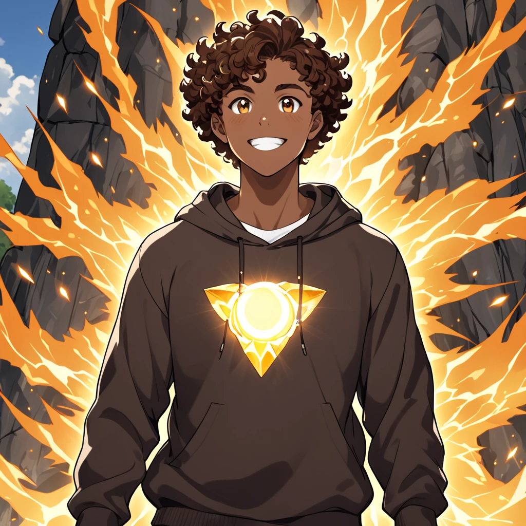 age muscular black man, short brown curly hair, eyes browns, stone elemental power, sweatshirt, happy.