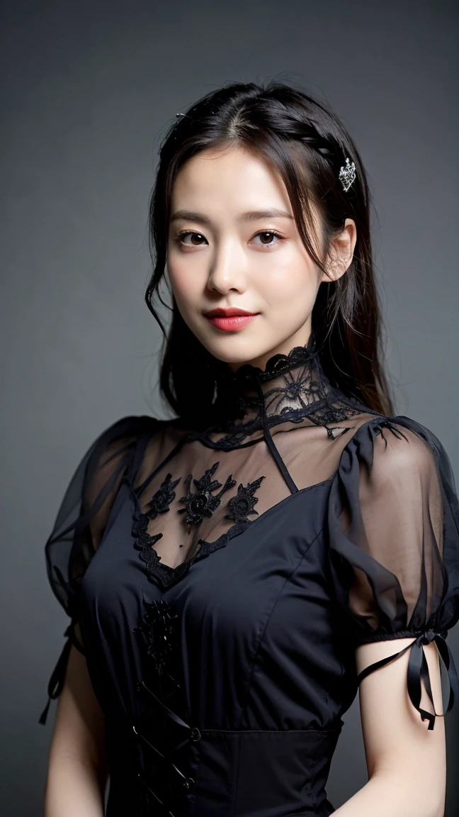 ((Highest quality、8K、masterpiece:1.3))、Realistic, Sharp focus, High resolution, High resolution,Portraiture, One person、Japanese、woman, beautiful woman, (((Gothic dress)))、30 years old, plump, Medium Long Hair,smile