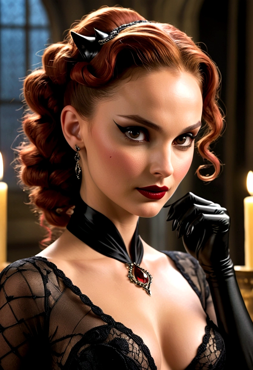 Full body shot Natalie Portman catwoman, ringlets wavy five feet long red hair, updo hairstyle with ponytail on one side and long hairpins holding the bun long braid, strong thighs, dark red glossy lips, heavy black eye shadow long black eyeliner, long sharp claws, black lace beautiful and creative catwoman bodysuit with no jewels, huge cleavage, clear ears no earrings, no earrings, no earrings, no earrings, no jewels, beautiful forehead lace ornament, posing in a feminine catwoman den, happy expression, dark ambience night time candle lights. No faces on her chest!
